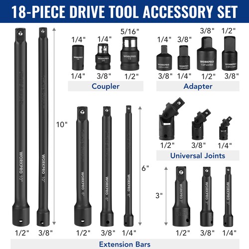 Workpro 18pcs 8 - 1/4",, 3/8"